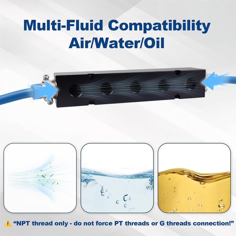 MARSTEK High Flow Air Manifold, Air Compressor Manifold, Air Hose Inline Manifold Block Splitter, Pneumatic Manifold Air Distribution Block, NPT 1 Inch Supply Port, NPT 1/2 Inch Output Port (5 Way 7 Port) - Image 5